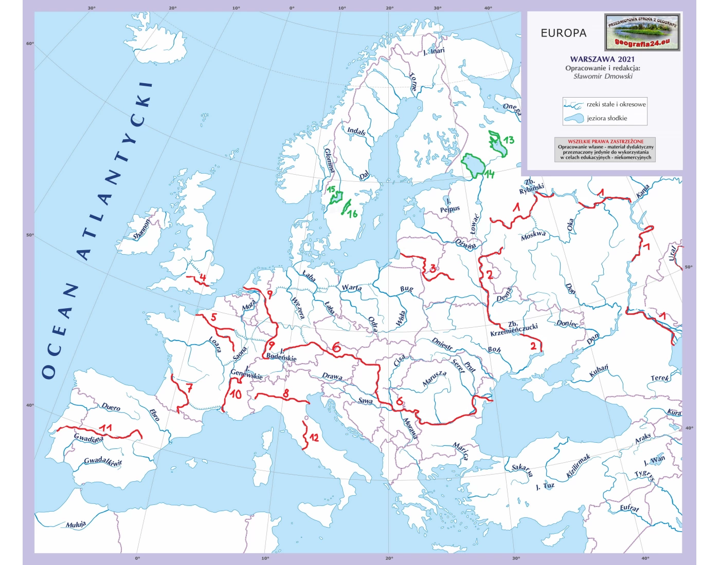 Europa mapa fizyczna: rzeki i jeziora Quiz