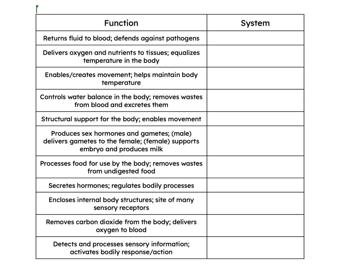 Function Versus System Functions of the Organ Systems - Anatomy — Printable Worksheet
