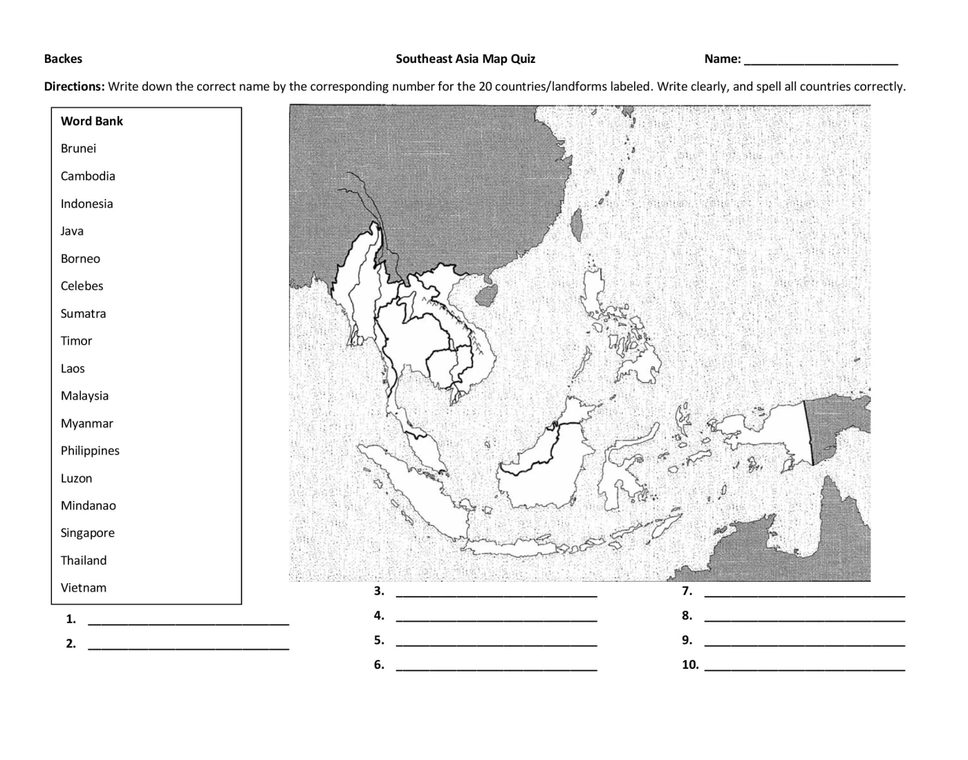 South Asia Map Quiz (Countries and Islands) — Printable Worksheet