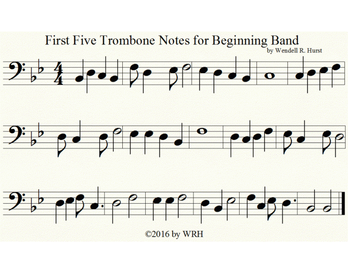 Trombone - 1st five notes for beginning band — Printable Worksheet