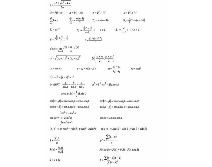 Gr12 formula sheet maths — Printable Worksheet