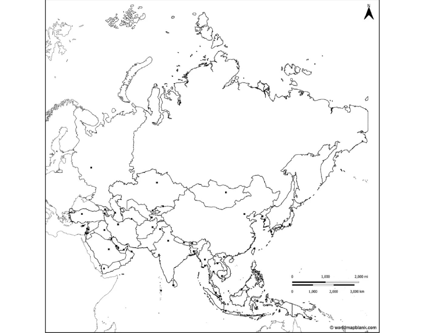 Slepá Mapa Ázie Mestá štáty A Významné Miesta — Printable Worksheet