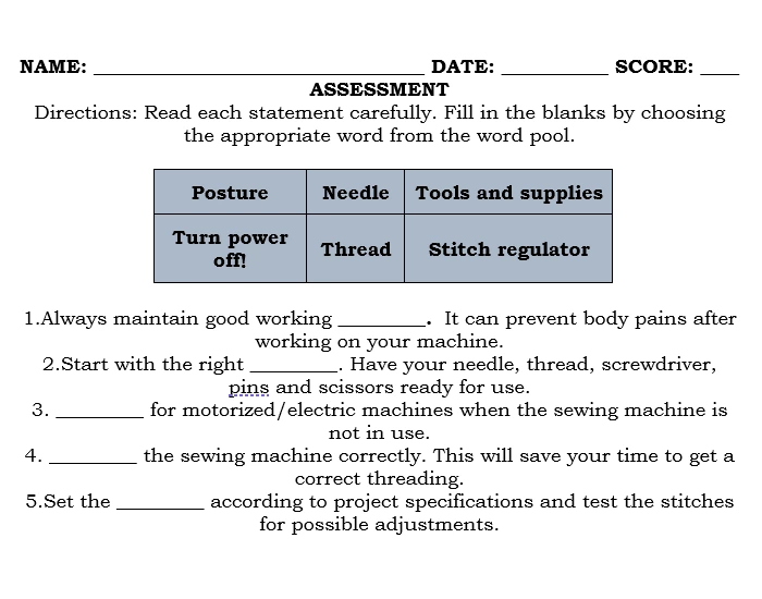 Sewing Machine Drivers Test ASSESSMENT: STANDARDS FOR SEWING MACHINE OPERATION Quiz