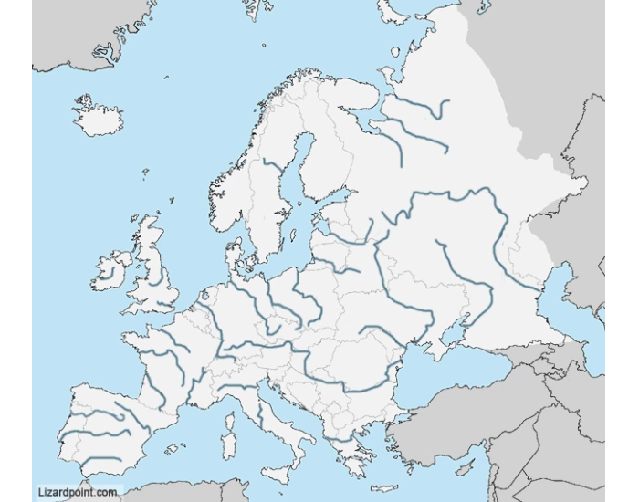 Mapa Riek Európa - rieky, moria, zálivy, prielivy Quiz
